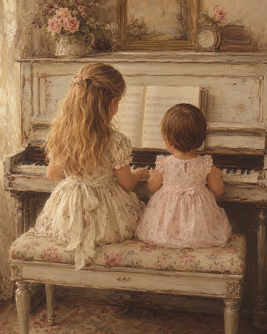 Painterly illustration of two children at a vintage piano